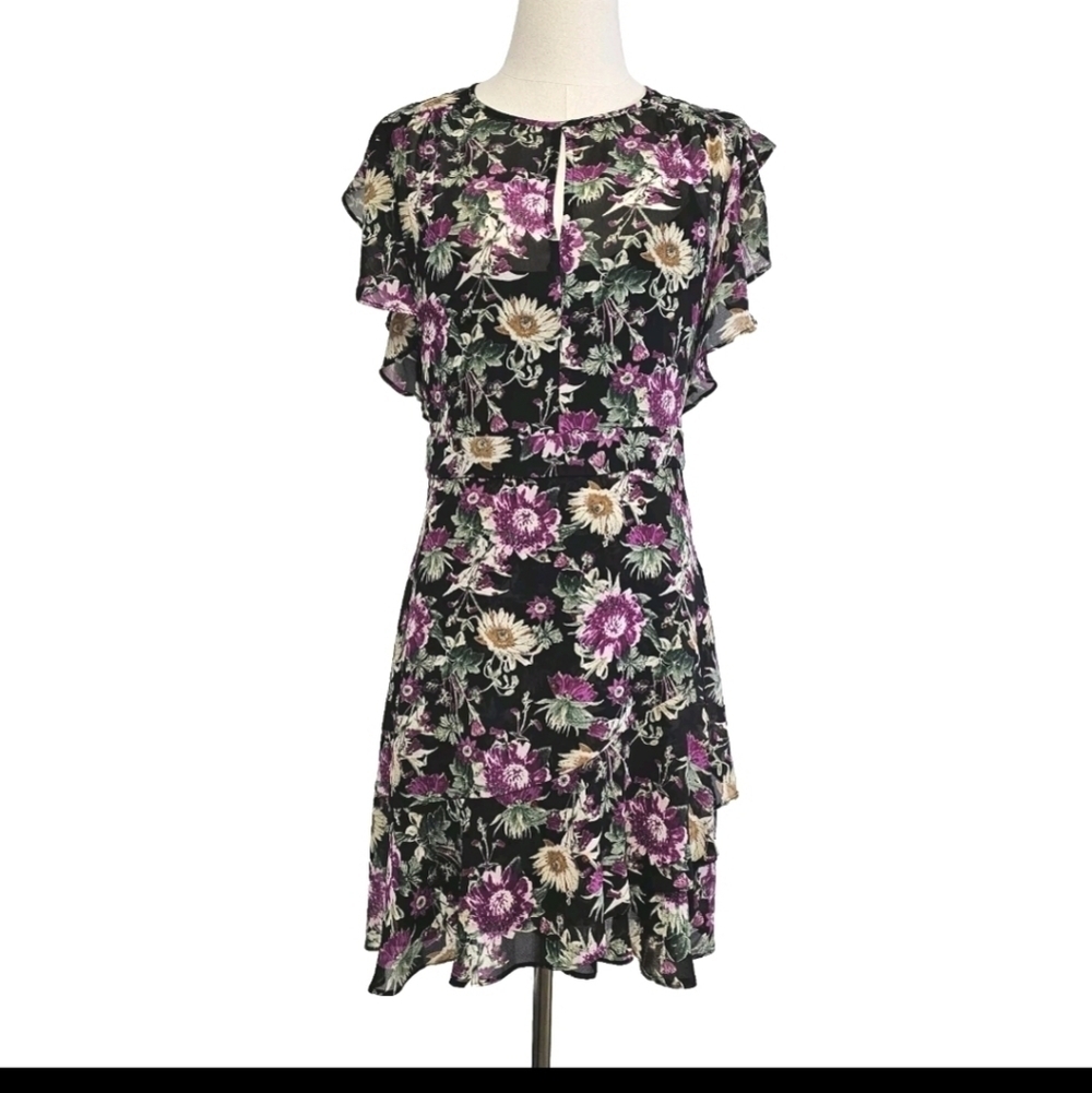 Rachel Roy Black Lora Floral Ruffled Sz 12 Summer Spring Mini Short Dress